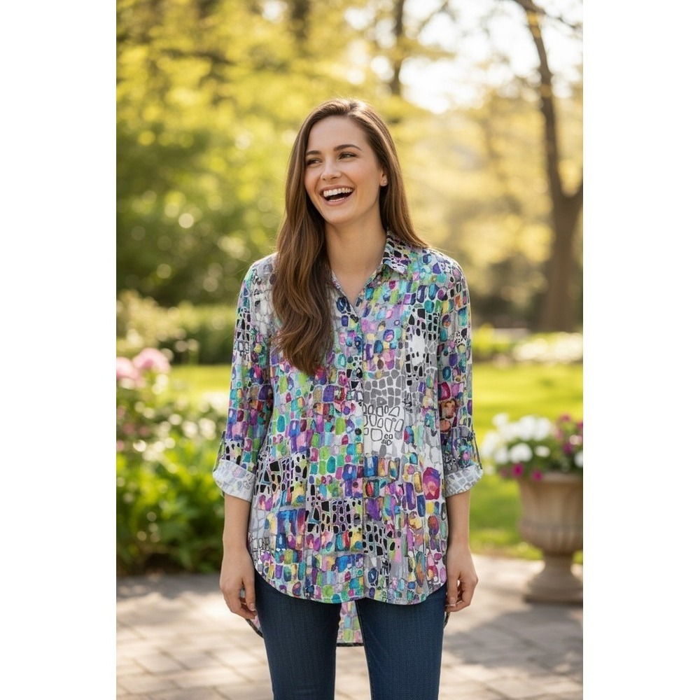 SnoSkins Blouse Womens Size L Multicolor Geometric Button Front Hi-Low preppy